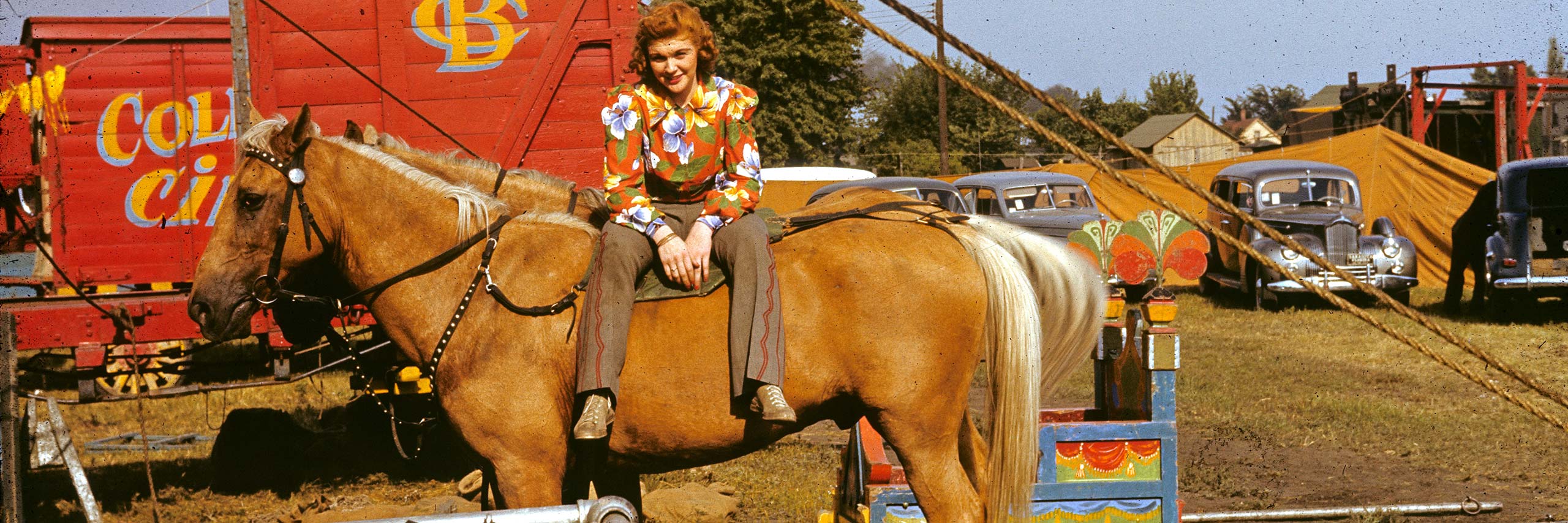 Woman in floral print shirt sitting on a horse