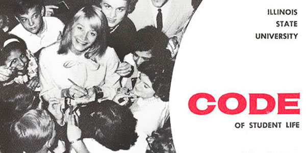 photo of a group of students with the text 'Illinois State University Code of Student Life' to the right