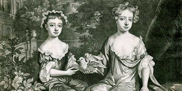 black and white print of two children