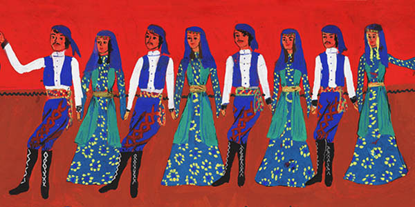 illustration of 8 dancers in colorful clothing