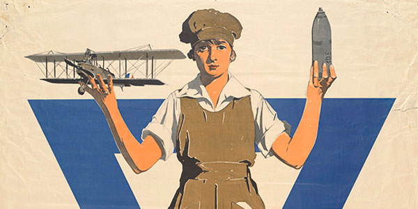 illustration of a woman holding a plane in one hand and a bomb in the other