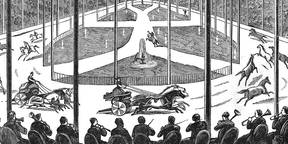Black and white illustration of horses and chariots in a hippodrome.