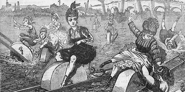 Black and white print of women on floating machines.