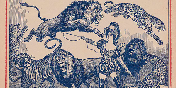 illustration of a woman holding a whip surrounded by lions, tigers, and cheetahs
