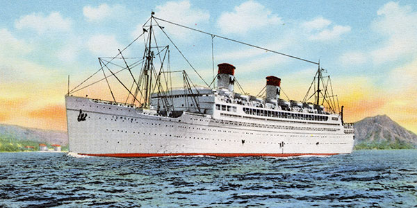illustration of a large ship with smoke stacks on water