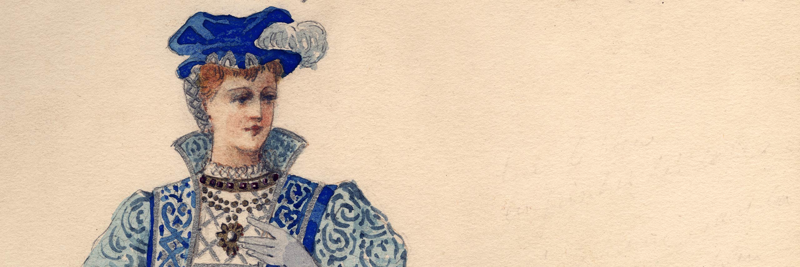 Hand Colored engraving of a woman wearing a blue dress and blue hat.