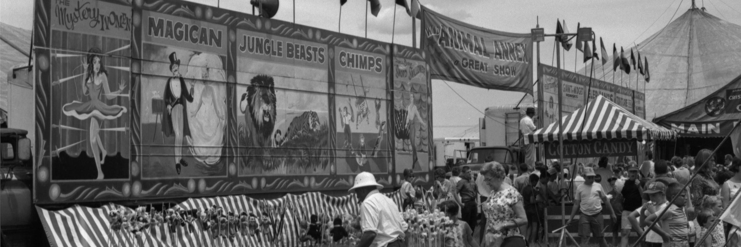 Black and white photograph of fans at a circus