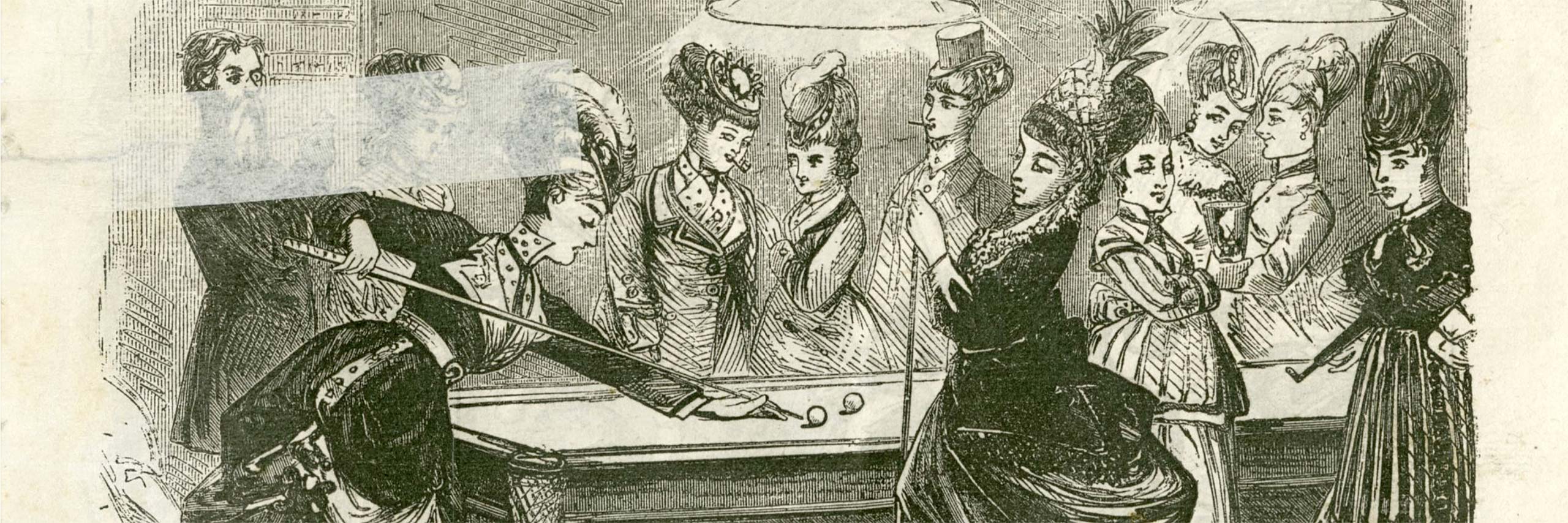 Black and white art print of women playing billiards