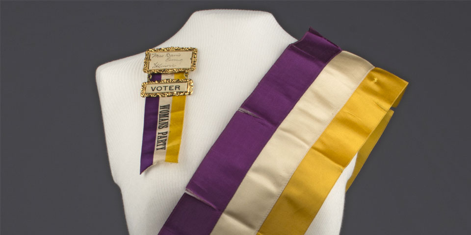 Suffragette sash and pin