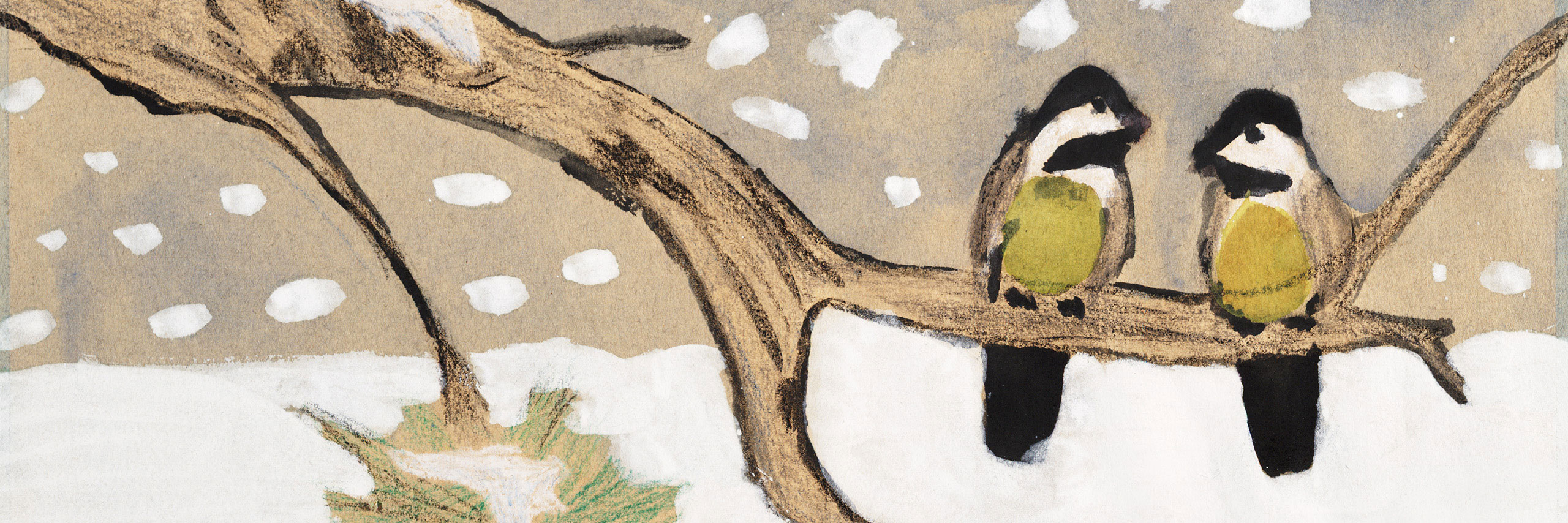 Painting of two birds on a branch in the snow.
