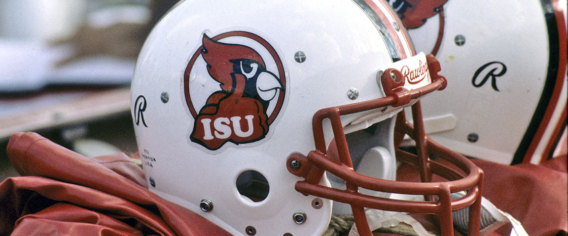 ISU football helmets with Reggie Redbird giving a thumbs up on the side