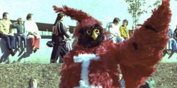 The Redbird mascot in the Homecoming parade, 1975.