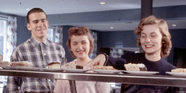 Students select dessert at the student diner 'The Cage' 1963. The diner was moved from Fell Hall to the University Union, and eventually to the Bone Student Center where various establishments would continue to use the name on and off over the course of many years. Date unknown.