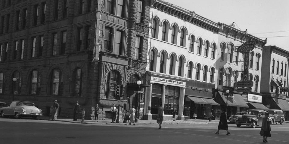 Main Street at the corner of Washington Street, Bloomington, Illinois, October 25, 1952
