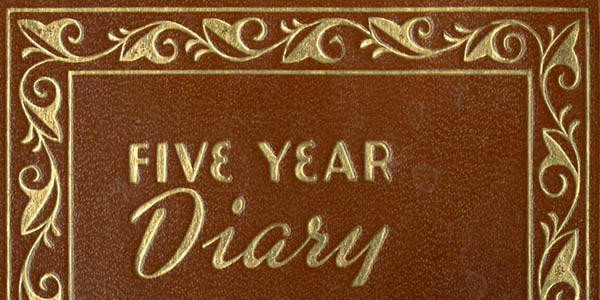 leather diary cover embossed with 'Five Year Diary'