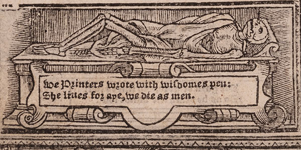 woodcut print of a corpse in a catacomb