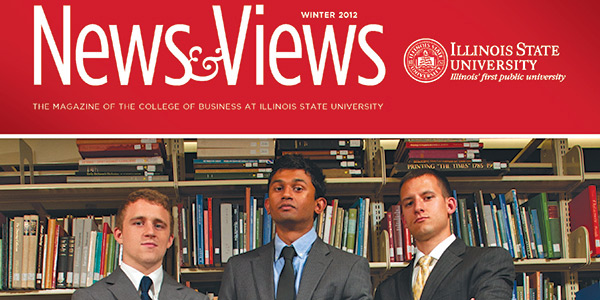 'News & Views' magazine cover with three students in suits