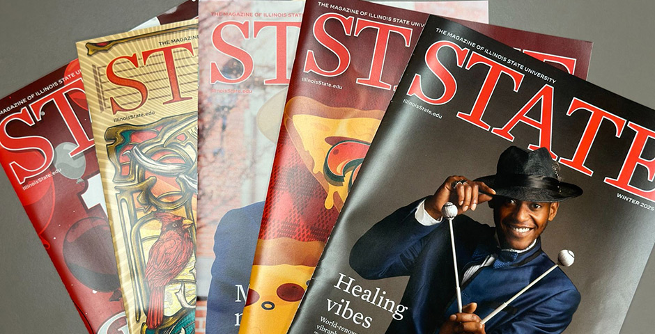 various 'State' magazines displayed on a gray background