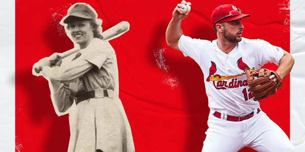 Collage of a male and female baseball players on a red background