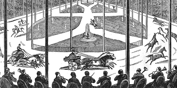 black and white relief print of a circus