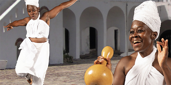 Collage of a black performer dancing and making music in white clothing