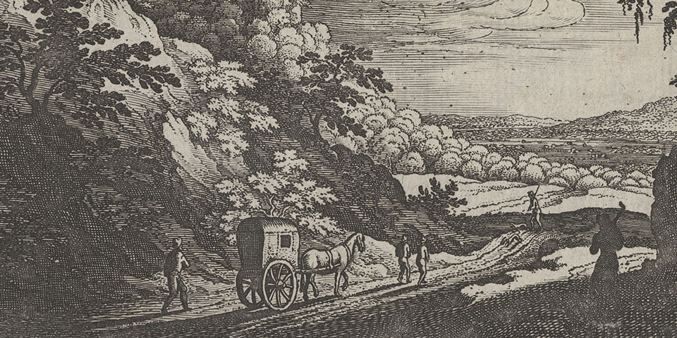 Print showing a landscape with a castle on top of a hill in the distance. Trees in the foreground flank a road with a horse-drawn carriage and figures walking.