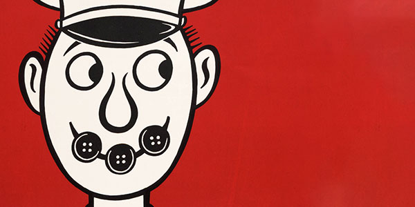 World War II poster depicting an illustration of a soldier with buttons holding his mouth shut, against a red background.