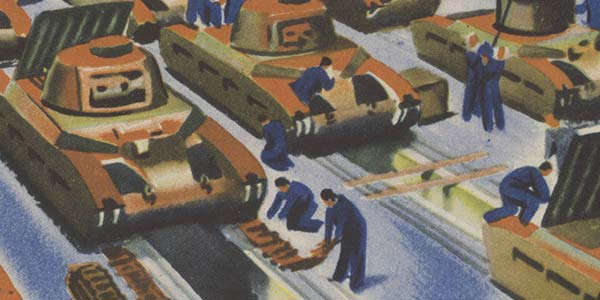 Illustration of tanks being assembled in a factory.
