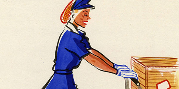 World War II color poster featuring Jenny on the Job pushing a cart with three boxes on it