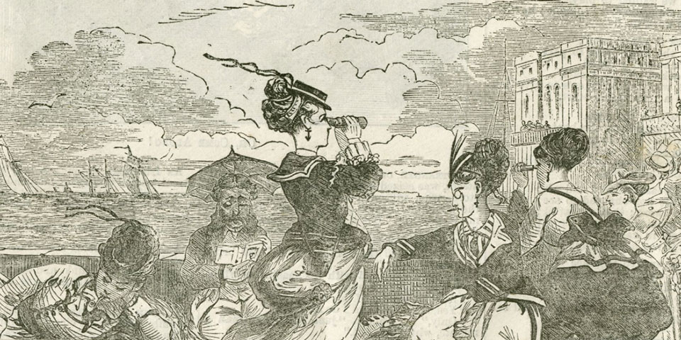 Black and white illustration of a crowd of women attired in hats and dresses with bustles and collars gathered along a pier overlooking several distant sailboats. The women are engaged in various activities, such as looking at scenery with binoculars or laying down reading while smoking a pipe. A lone man sits reading a small book under a parasol.