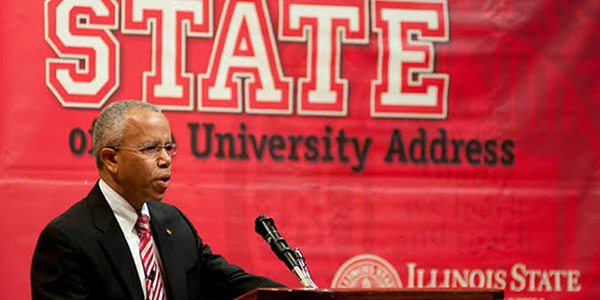 Former ISU President, Al Bowman, speaking behind a podium