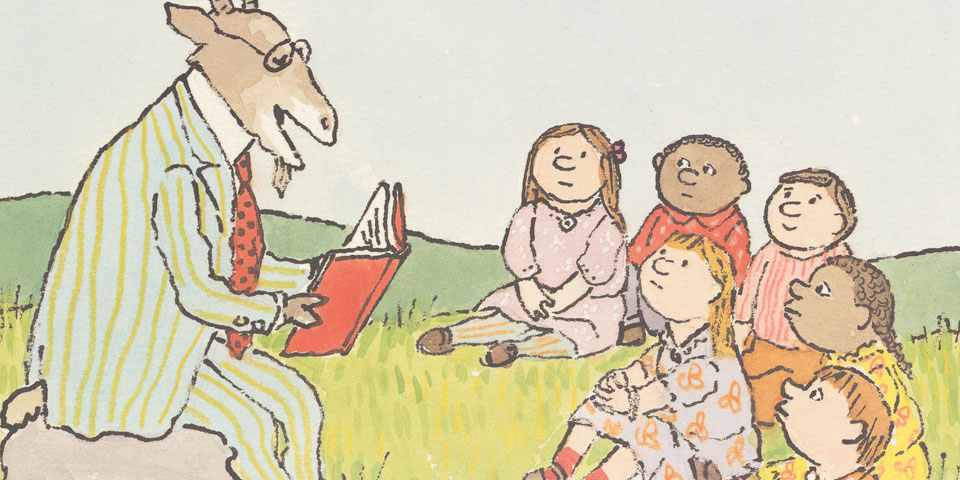 Illustration of a goat reading a book to children