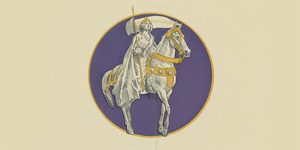 Illustration of a woman on a horse holding a pennant