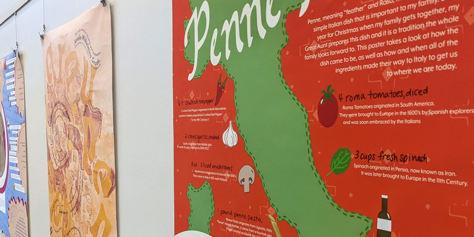 Three informational posters highlighting information about the history of a particular food