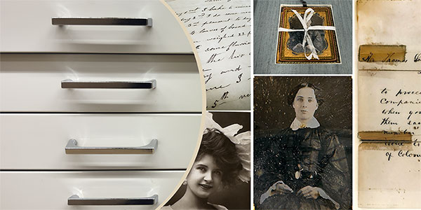 Collage showing handles on the drawers of a map case, two details of handwritten documents, an ambrotype photo of a studio portrait of a seated woman in a dark dress with a high lace collar and cuffs, and an image of the same ambrotype in a storage box with a ribbon tied across the front.