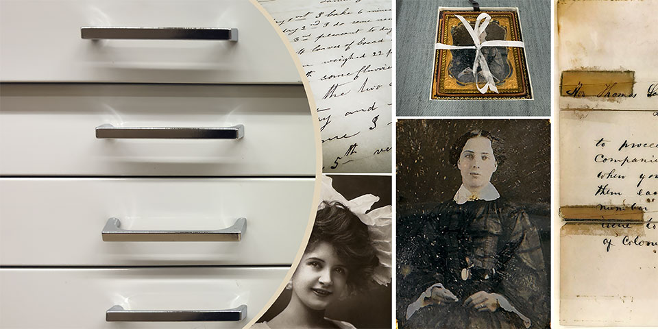 Collage showing handles on the drawers of a map case, two details of handwritten documents, an ambrotype photo of a studio portrait of a seated woman in a dark dress with a high lace collar and cuffs, and an image of the same ambrotype in a storage box with a ribbon tied across the front.