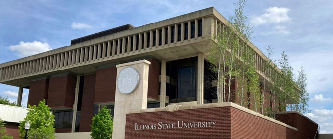 Milner Library exterior and ISU Seal